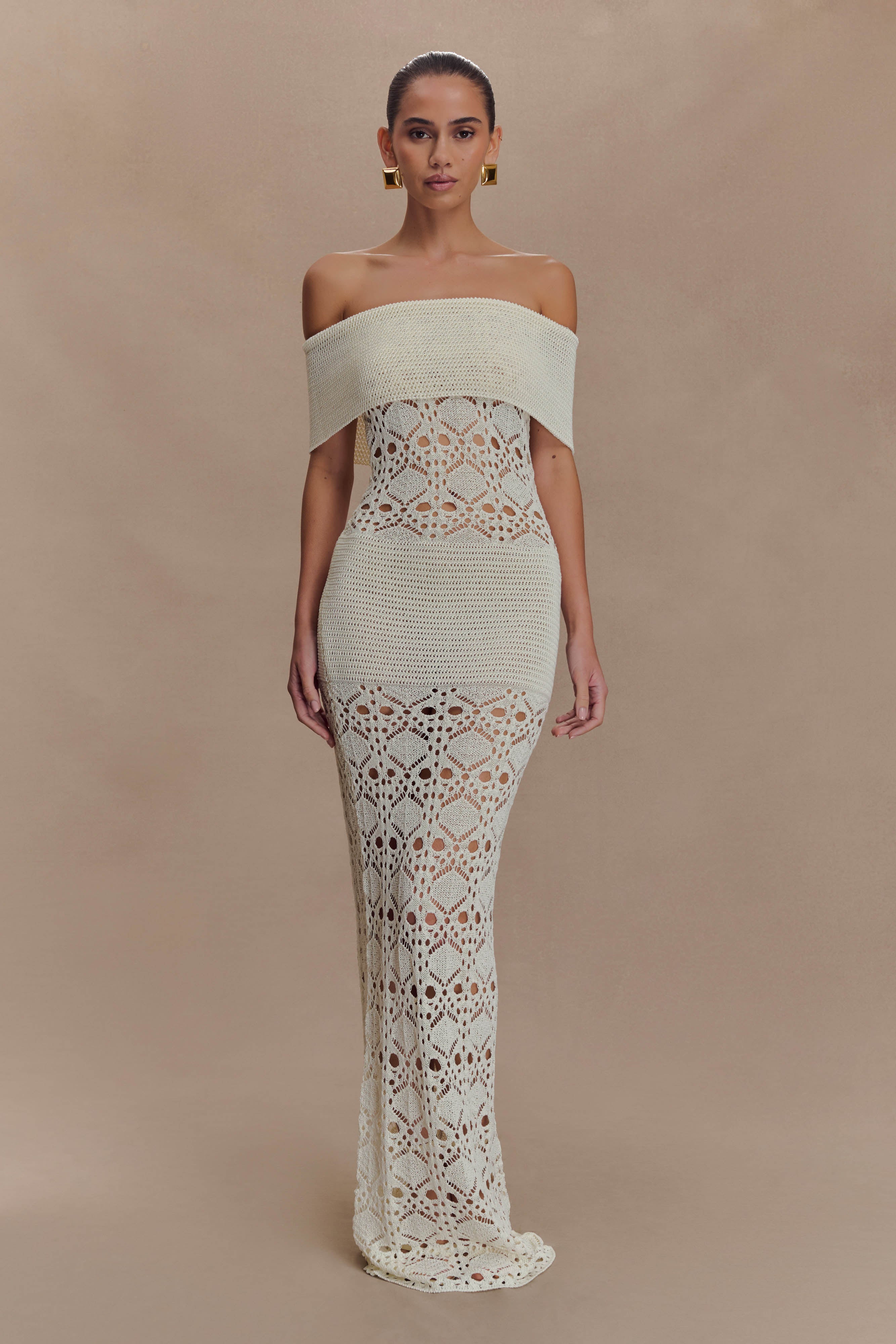 Solstice Off Shoulder Crochet Knit Maxi Dress - Ivory