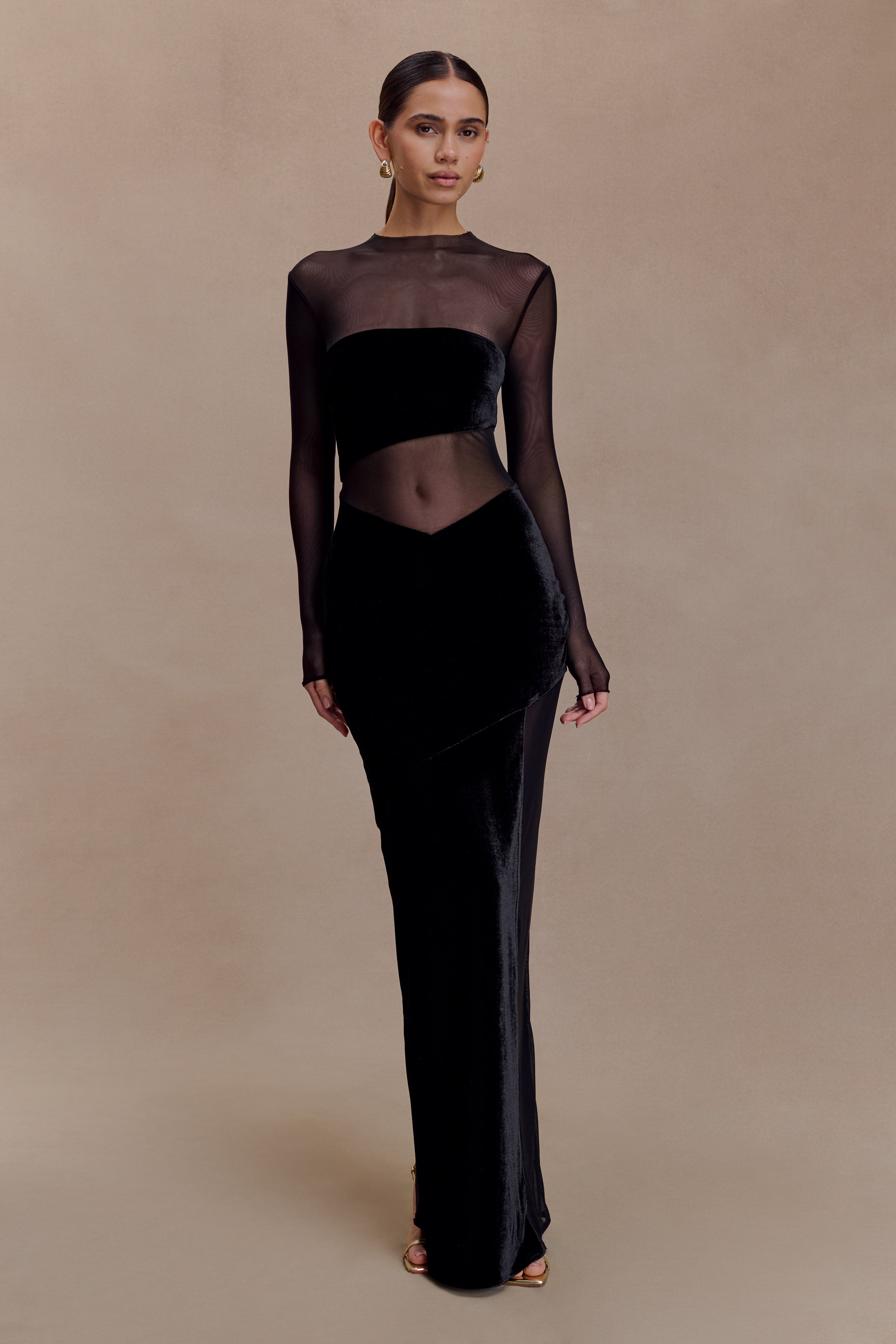 Davina Velvet And Mesh Maxi Dress - Black